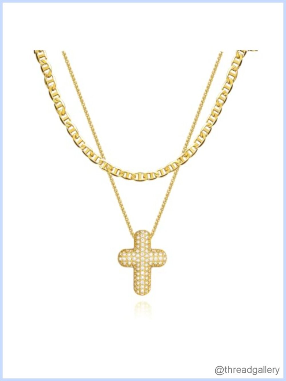 14k Gold Plated Cross Necklace Set, CZ Bubble Pendant, Mariner Chain, Dainty